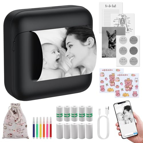 eSynic Bluetooth Thermodrucker Schwarzer Mini Drucker 203dpi mit Aufkleberpapier ohne Tinte Tragbarer Etiketten Fotodrucker mit Abgerundeten Ecken Kompatibel mit Typ-C für Büro & Home Office