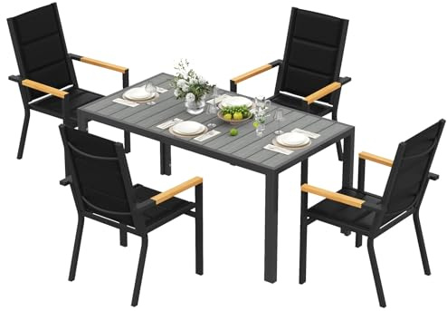 Devoko Salon de Jardin Exterieur 4 Personnes, HDPS Table de 150 cm et 4 Chaises Empilable d'Extérieur en Aluminium Durable, Design à Veine de Bois, Idéal pour Cour, Terrasse ou Bord de Piscine, Gris