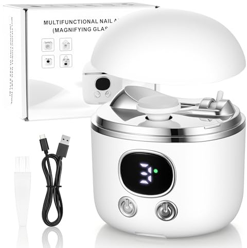 Coupe Ongle Électrique, Coupe-ongles automatique avec loupe à lumière LED, Coupe et Polissage automatiques + Rangement pour les résidus d'ongles, 3 Vitesse + écran numérique (Blanc) 