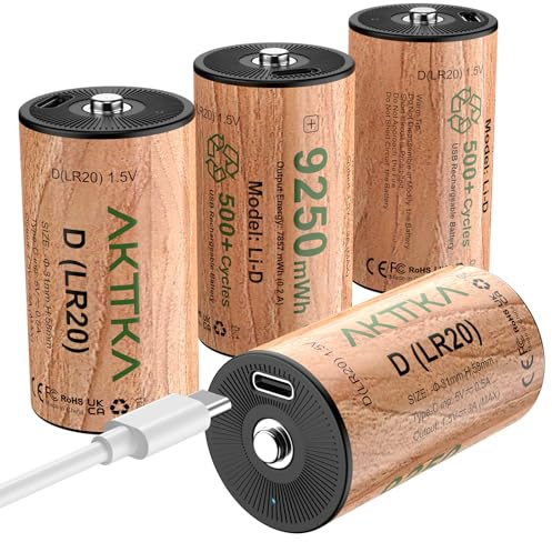 AKTTKA 4 Pack Rechargeable D Batteries, 1.5V Lithium LR20, 500+ Cycles | 9250mWh High Capacity • Alternative to Alkaline & NiMH D Batteries • True 1.5V Output • USB-C Charging • Smart Safety Chip