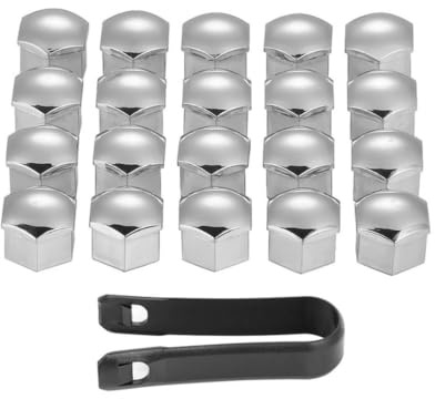 20-Piece 17mm Chrome Wheel Nut Covers with Removal Tool for Compatible Cars | Twenty 17mm chrome-effect wheel nut covers include a removal tool and fit compatible car lug nuts for a neat exterior finish