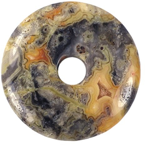 Lebensquelle Plus Edelstein Donut Ø 40 mm + Baumwollband + Edelsteinkarte | Naturstein Anhänger Halskette | Echte Heilsteinkette inkl. Band (Crazy-Lace Achat)