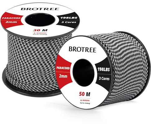 Brotree 2mm Paracord 3 Fili 30M 100% Nylon Corda da Paracadute per All'aperto, Artigianato, Fatto a Mano - 90kg Carico di Rottura (Grigio Nero)