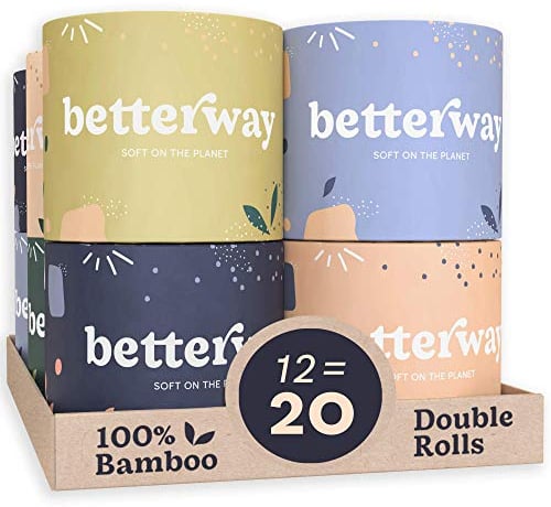 Betterway Bambus-Toilettenpapier, 3-lagig, umweltfreundlich, nachhaltig, 12 Doppelrollen und 360 Blatt pro Rolle, septisch sicher, organisch, plastikfrei, kompostierbar und biologisch abbaubar,