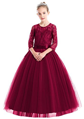 Flower Girl Lace Tulle Lace Embroidered Princess Wedding Party Dress Kids 3/4 Sleeve Floor Length Junior Bridesmaid Formal Pageant Prom Gown Christmas Birthday Gifts Burgundy 3-4 Years