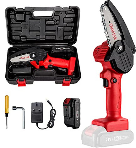 Mini Chainsaw, 4-Inch Electric Chainsaw Handheld Mini Pruning Shears Chainsaw for Tree Trimming Wood Cutting, Charger Included (Red)