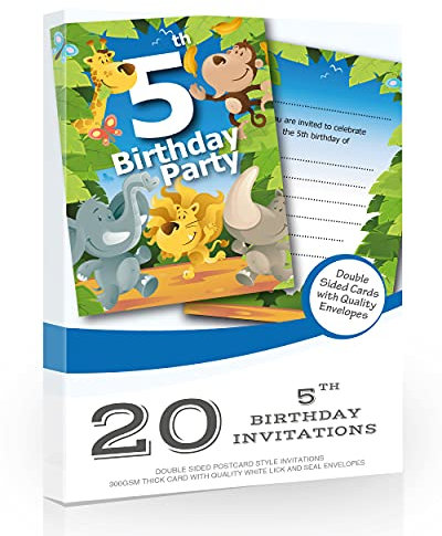 Olivia Samuel Einladungskarten zum 5. Geburtstag, Dschungel-Thema, zum Schreiben, mit Umschlägen, 20 Stück