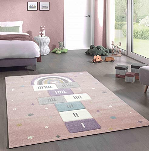 CARPETIA Spielteppich Kinderzimmer Teppich Hüpfspiel Himmel & Hölle Regenbogen Herz Sterne rosa grün Creme Größe 200 x 290 cm