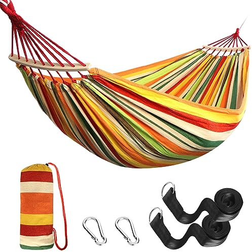 ANYOO Outdoor Cotton Hammock with Tree Straps, Portable Camping Hammock with Spreader Bars, Travel Bag for Indoor Balcony Garden Patio Yard
