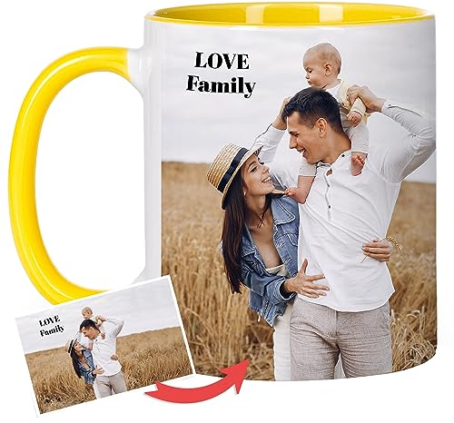 Wanapix | Mug Personnalisée avec Photo et Texte | 325 ml | Tasse à Café Personnalisable | Céramique Mug | Cadeau Original | Va au micro-ondes | Intérieur et Poignée Jaune
