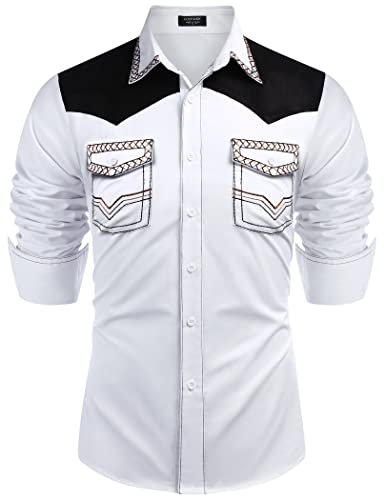 Coofandy Men's Western Cowboy Shirt Embroidered Long Sleeve Slim Fit Casual Cotton Button Down Hippie Shirts with Pockets, White, Large