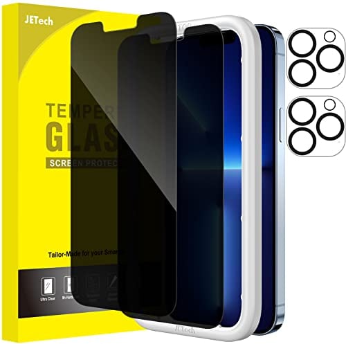 JETech Protector Pantalla Privacidad para iPhone 13 Pro Max 6,7 Pulgadas, con Protector Lente Cámara, Anti Espía Cristal Vidrio Templado, Marco de Instalación, 2 Paquetes Cada Uno