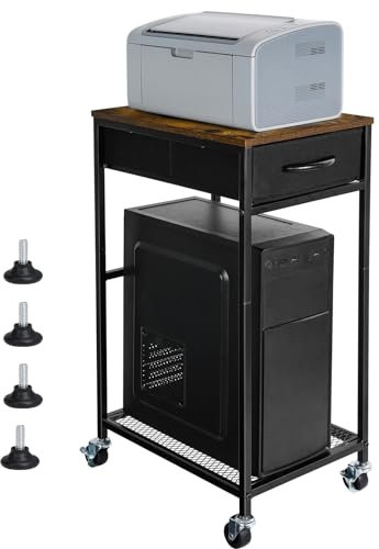 YBING Computer-Tower-Ständer, PC-Tower-Ständer mit Aufbewahrungsschublade, mobiler CPU-Halter mit Lenkrollen, 2 Etagen, rollender Computer-Towerwagen für Zuhause, Büro, Fax, rustikales Braun