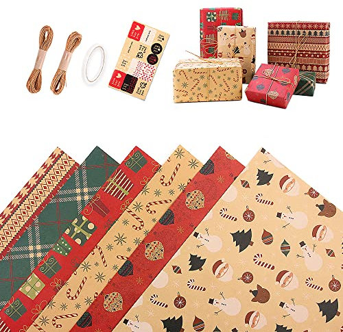 Geschenkpapier Weihnachten, 6 Blatt Weihnachtsgeschenkpapier Aufklebern Anhänger und Seil, 70 x 50cm Verschiedene Muster Packpapier Weihnachten Geschenkpapier Kraftpapier