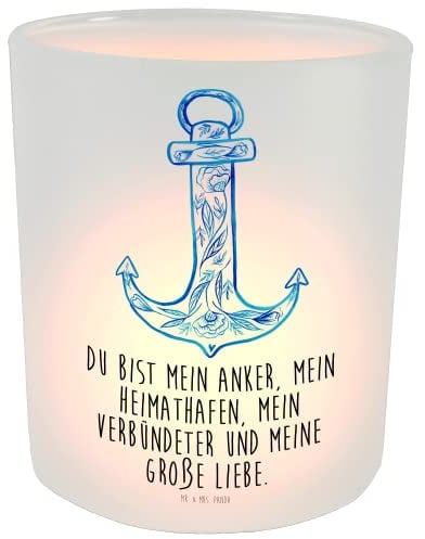Mr. & Mrs. Panda Windlicht Anker Blau - Geschenk, Windlicht Glas, lustige Sprüche, Tiere, Kerzenglas, Kerzenlicht, Teelichtglas, Gute Laune,