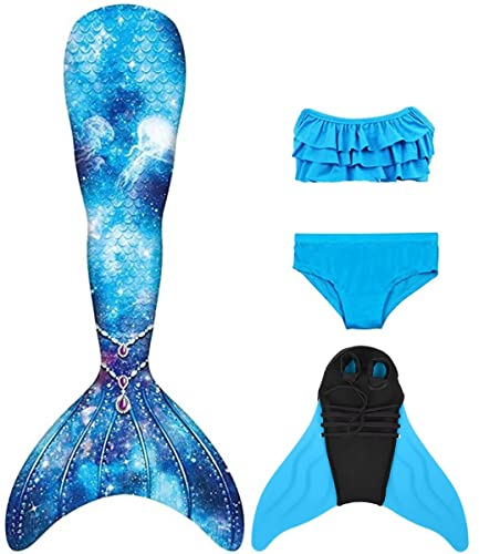 NAITOKE meerjungfrauenflosse mädchen Badeanzug - Meerjungfrau Flosse Bademode mit Bikini Set und Monoflosse Mermaid Tail, 4 Stück Set,POOAK,130