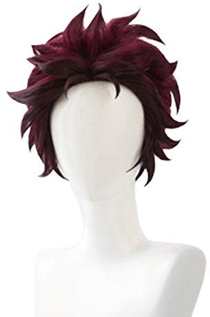 Tanjiro Kamado Kurze Kastanienbraun hitzebeständige Haarperücke für Cosplay-Kostüme ein Paar Ohrringe Just Wig