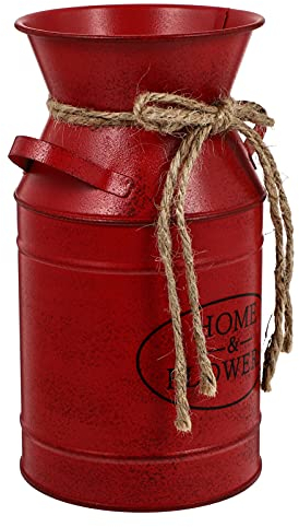 Rustikale Blumenvase aus Metall im Milchkannen-Design, Verzinkter Vintage Blumenhalter als Pflanzgefäß - Shabby Chic Deko für Zuhause, Garten, Wohnzimmer, Küche in Rot