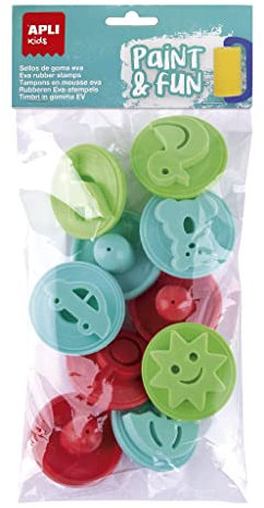APLI Kids 19413 - Tampons éponge en mousse EVA avec manche en plastique - 10 formes différentes - 55 mm de diamètre.