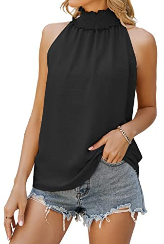 Famulily Sleeveless Top Mock-Neck Shirt Ruffle Summer Causal Shirts Loose Fit Black XL