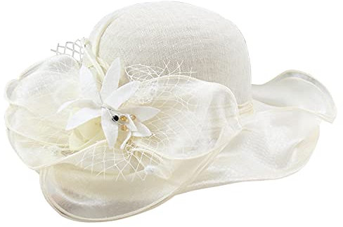 Petalum Hochzeitshut Vintage 50er Jahre Damen Chic Capeline Kirche Elegant Fascinator Hut Sonnenhut mit Schleier Band aus Netzstoff Feder Blumen für Cocktail Braut Zeremonie, beige, One size