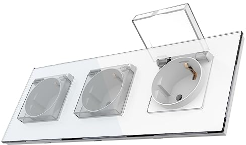 PULSAR Steckdose mit Deckel Unterputz Weiß Glas 3-Fach, Dreiersteckdose für Feuchtraum Wandsteckdose 250V 16A Dreifachsteckdose 228 x 86mm mit Klappdeckel für Bad, Küche, Feuchtraum, IP44