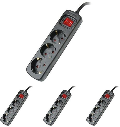 Silver Electronics - Base electrica 3 Tomas 1,5m Negro Interruptor (Paquete de 4)