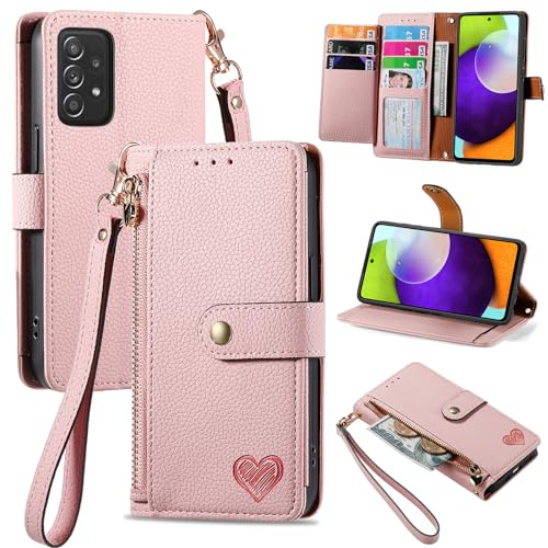 VEEMOS Handyhülle für Samsung Galaxy A52s A52 5G Hülle Klappbar Klapphülle Schutzhülle mit Kartenfach RFID Reißverschluss Handy Tasche Leder Flip Case Cover Handytasche Frauen - Rosa