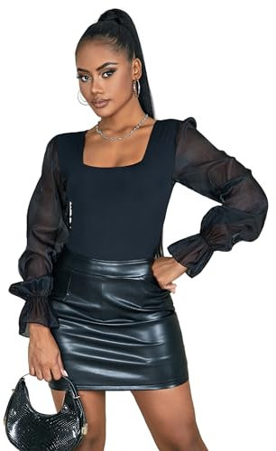 ohyeahlady Women's Bodysuit Square Neck Mesh Long Sleeve Tops Ladies Sexy Body Suit Leotard Top with Snap Closure Casual Going Out Outfit UK 16 Black Size XL