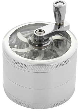 Glamified 2.5 4 Pieces Hand Cranked Clear Top Herb Grinder - Aluminium Spice Grinder with Pollen Scraper and Cleaning Brush, Foldable Handle (Silver (4 Layers))