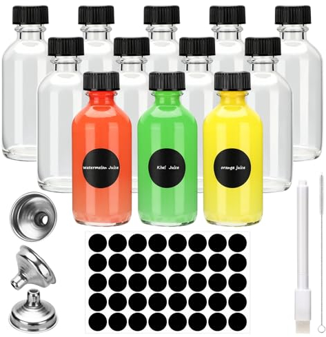 Flaschen zum Befüllen 60ml, 12 Shot Mini Glasflaschen mit Deckel, Kleine Glasflaschen, Kleine Schnapsflaschen, Mini Fläschchen mit Trichter, Etiketten & Stift, für ätherische Öle, Ingwer Shot, Whisky