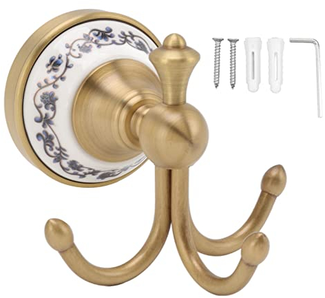 Blanketswarm Vintage Brass Towel Hook Hanger,Three Prongs Coat Hooks Wall Mounted Robe Hook with Screws,White Porcelain Brass Brushed Brass Coat Hooks for Kitchen Shower Door
