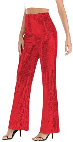 Pailletten Leggings Damen Rot - Glitzer Hosenanzug Damen Party - Paillettenbesetzte Weite Schlaghose Lose Fit Glitzerhosen Elegant Frauen Freizeithose Party Hosen Disco Pants Tanzhosen Schlaghose