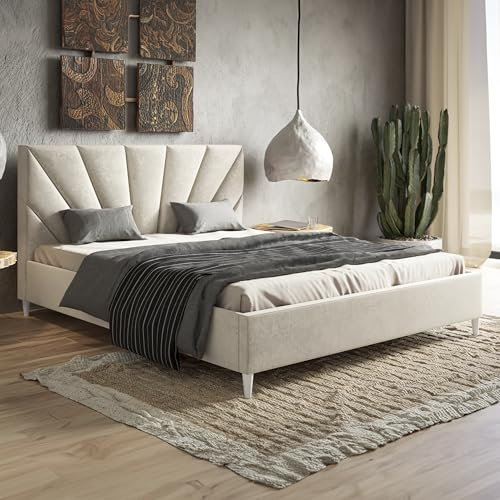 MOTIVENA Lea Polsterbett 160x200 Mit Füßen, Lattenrost, Ohne Bettkasten, Samt Kopfteil, Ohne Matratze, Beige (Creme)