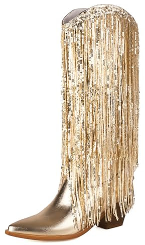 Voviggiw Stivali da cowboy da donna con frange metalliche, altezza al ginocchio, con nappe, per feste, country, concerto, paillettes, scintillanti stivali occidentali, Oro, 40 EU