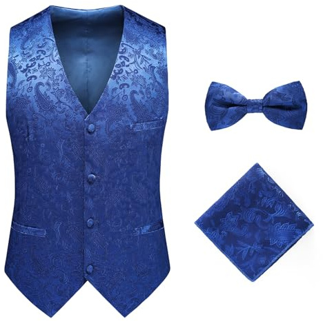 ULPUDFAO Trachten Weste, Slim Fit Einreihige Jacquardweste Elegante Ärmellose Smokingjacke Mit Fliege Und Einstecktuch Schickes Weste Top Für Hochzeit, Party, Kleid Für Männer Blau 3Xl
