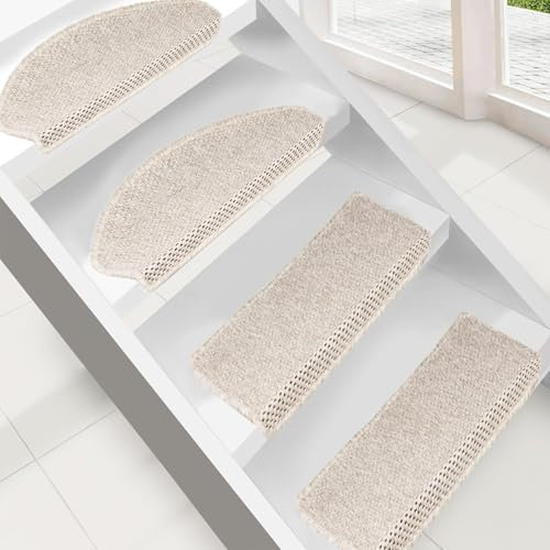 Floordirekt Stufenmatten Kalkutta | Halbrund oder Eckig | Sisaloptik | Treppenmatten | Luxeriös & strapazierfähig | Stufenteppich für Innen Creme Halbrund 65 x 23,5 cm