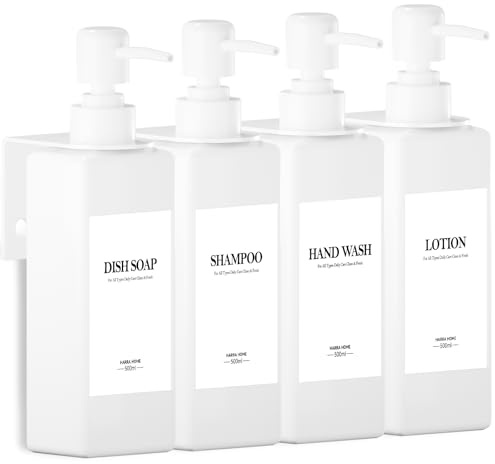 4er Seifenspender Wandbefestigung Set, 500ml Weiß Seifenspender Bad Ohne Bohren Kunststoff Dusche Spender mit Trichter und Wasserdichten Etiketten Shampoo Spender für Küche Bad
