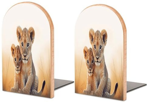 Robuste Buchstützen, kleiner Löwen-Druck, Holz-Buchstütze, dekorative Buchstützen, rutschfeste Buchstütze für Regale (1 Paar)