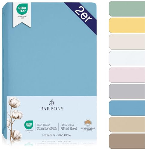 BARBONS Spannbettlaken für Baby/Kinderbett - 100% Jersey-Baumwolle Oeko-TEX Standard 100 Zertifiziert Bettlaken für Babybett (Hellblau - 2er - 60x120cm / 70x140cm)