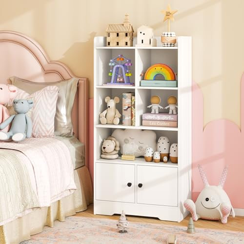 GOPLUS Bibliothèque Enfant en Bois, Meuble Rangment Enfant avec 2 Armoires et 5 Compartiments Ouverts, 120 cm Étagère à Livres Presentoir pour Chambre, Salon, Bureau