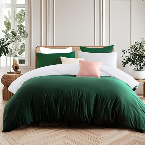 Soifox Superking Duvets Sets Green and White, 3 Piece Microfiber Reversible Super King Bedding Bed Sets, Soft and Non Iron Quilt Duvet Covers with 2 Pillowcases 50x75cm