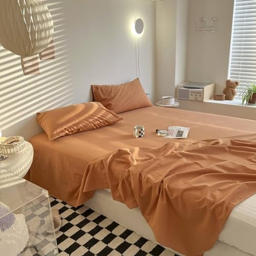 Homxi Betttuch Groß mit 2 Kissenbezüge,245 x 270 cm,Matratzenbezug Baumwolle Einfarbig Bettwäsche Einzelbett Kaffee