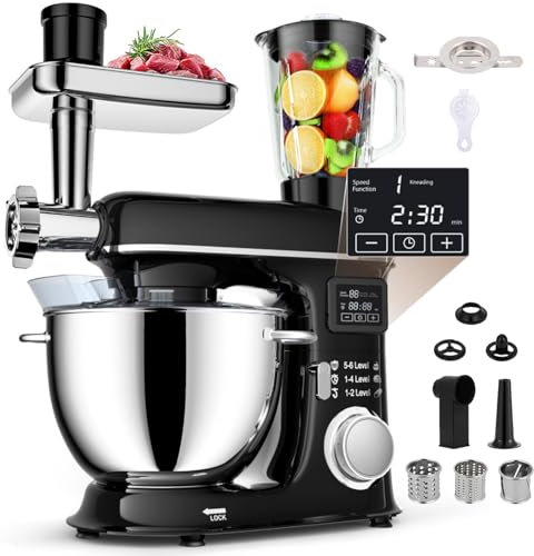 Stand Mixer 8L - 8-in-1 Electric Kitchen Mixer with LED Display, 6 Speeds, Tilt-Head, Stainless Steel Bowl, Glass Jar, Meat Grinder, Dough Hook, Whisk, Pasta Attachment