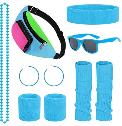 Dazzroi 80s Fancy Dress Costumes, 1980s Retro Sport Accessories Sets with Bumbag Headband Wristbands Leg Warmers Eyeglasses Earrings Necklace, Neon Outfit for Women 80s Party, Dress up Party (blue)