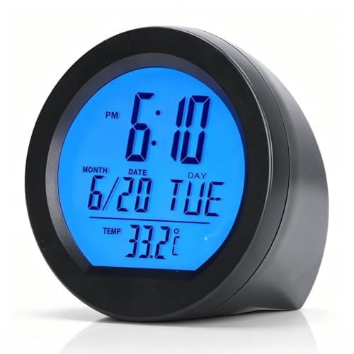 Telituny Mini Uhr Auto Thermometer, 3 In 1 Autouhr Thermometer Kalende, Solar Mini Digitaluhr, Rund Fahrzeug Elektronische Leuchtende mit großen LCD Display, für Hause, Auto, Büro, Hotel