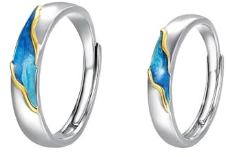 Dsnyu 925 Silber Ringe Herren, Wedding Ring Wellen und Meer Silberblau Paar Partner Schmuck für Ihn Größe Verstellbar