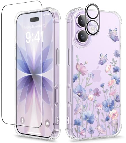 GVIEWIN for iPhone 17 Case TPU Clear Flower with Screen+Lens Protectors | Military Grade Drop Protection,Slim,Lightweight,Bumper,Shockproof,Anti-Scratch,6.3 2025 for Women Girls,Bloomwing/Blue