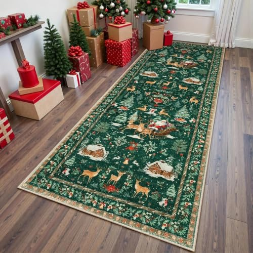 Arroopu Christmas Runner Rug, 60x200cm Christmas Runner Carpet | Home Decor Snowmen Tree Santa Claus Mat, Bedside Rug For Indoor Bedroom Living Room Bathroom Entryway Hallway Kitchen Bedside