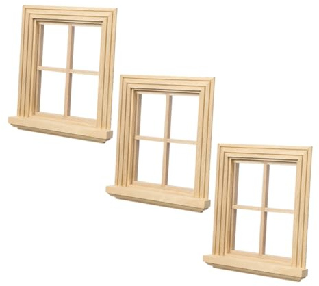 HONITANO 3 Stück Miniatur Holzfenster aus Unbehandeltem Holz DIY Bemalbare Rahmen Realistische Puppenhaus Fenster für Vielseitige Dekoration und Verbesserte Innenraumbeleuchtung